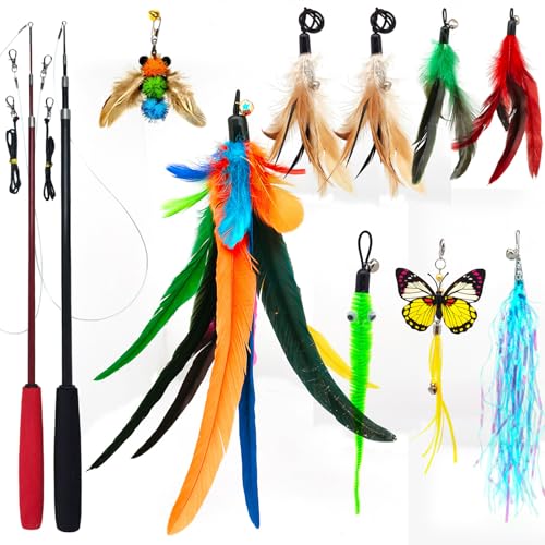 miwoowim 2PCS Retractable Cat Teaser Wands & 9PCS Feather Refills Toy Set - color: Retractable Wand Toy