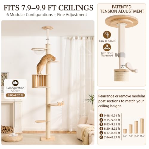 Floor to Ceiling Cat Tree, Adjustable 7.9-9.9 ft Tension Cat Tower - color: 94.1-118.9"-1 Hideway