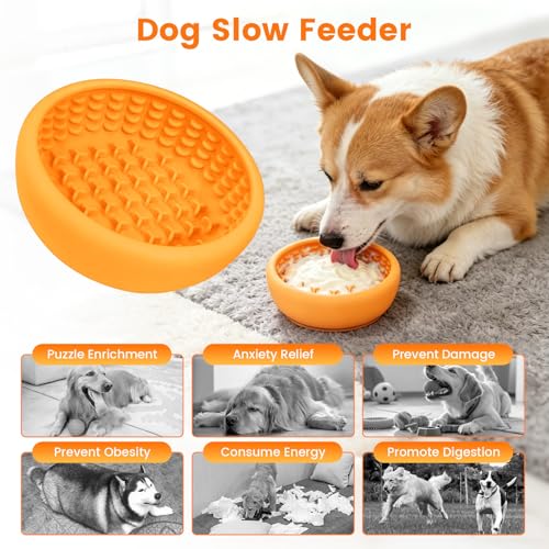 Dog Slow Feeder Licking Bowl,Freezeable Anxiety Relief Treat Dispenser, Non-Slip Anti-chocking Pet Dish,Entertainment Interactive Puzzle Toy for Small Medium Breed, BPA Free Silicone Dishwasher Safe - color: yellow, size: S