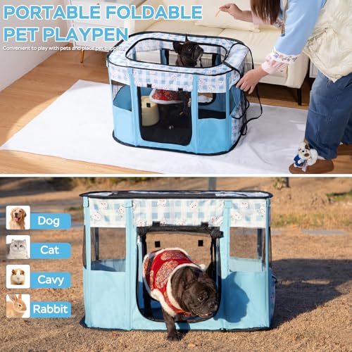 XRG Foldable Pet Playpen,Indoor Cat cage Puppy Crates L(35.4"x27.6"x23.6") - color: Blue, style: Large（35.4"L x 27.6"W x 23.6"H）