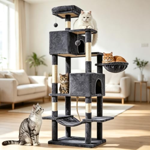 DUMOS 66 Inch Large Cat Tree Tower with Scratching Posts - color: Dark Grey, size: 66.9"×18.9"×18.9"