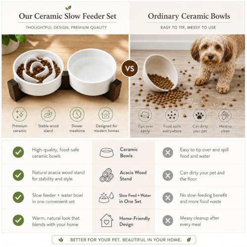 2-in-1 Ceramic Elevated Slow Feeder Dog Bowls with Acacia Wood Stand - size: Small
