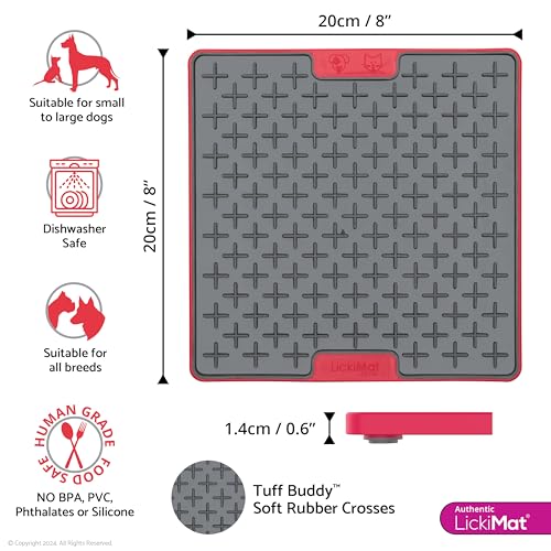 LickiMat Tuff, Heavy-Duty Buddy, Dog Slow Feeder Lick Mat, Boredom Anxiety Reducer; Perfect for Food, Treats, Yogurt, or Peanut Butter, Fun Alternative to a Slow Feed Dog Bowl, Red