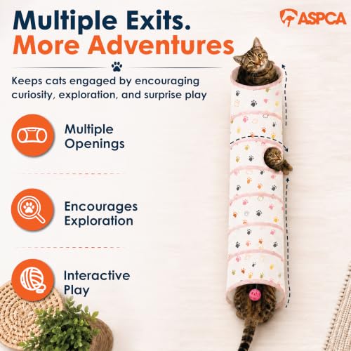 ASPCA Cat Tunnel with Rattle Toy – Interactive Collapsible Cat Tunnel for Indoor Cats, Crinkle Play Tunnel with Hanging Rattle Toy, Encourages Hiding, Chasing, Pouncing & Active Play, Paw Printed - color: Paw Printed