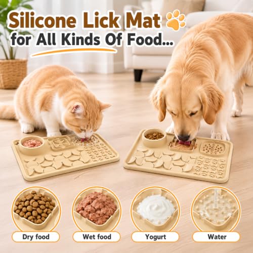 Silicone Dog Slow Feeder Lick Mat with Suction Cups, Multi-Puzzle Partition Pet Snuffle Feeding Tray for Puppy Cat Slow Eating Boredom Relief Training (Sand Beige) - color: sand beige