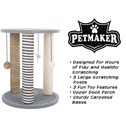 Cat Scratching Post - 3 Scratcher Posts with Carpeted Scratch Pad Base and Perch - Furniture Scratching Deterrent for Indoor Cats by PETMAKER (Gray) - color: Gray