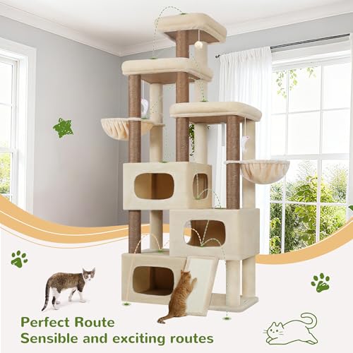 Globlazer 85 Inch Tall Cat Tree for Large Cats, Multi-Level Cat Tower for 4+ Cats with 3 Condos, 2 Hammocks & Sisal Posts, Heavy Duty Cat Tree Tower for Maine Coon, S85, Beige - color: Beige, size: 85 Inch