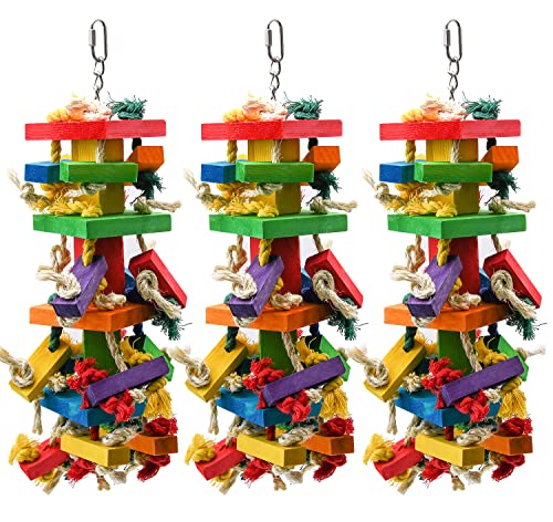 RUBY.Q 3 Pack Large Parrot Toy, 20in Bird Parrot Toy, Multicolor Natural Wooden Bird Chewing Toys for Large Macaws, African Grey and a Variety of Amazon Parrots - size: 3 Pack