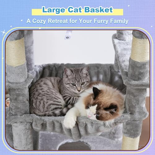 Hey-brother Cat Tree Tower with Extra Large Platform and Basket, MPJ080W - color: Light Gray, size: 71.7 inches