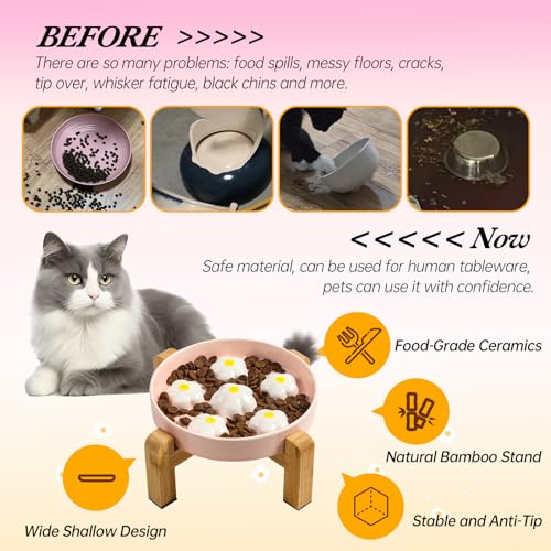 Elevated Ceramic Slow Feeder Cat Bowl with Anti-Slip Bamboo Stand - color: White + Stand