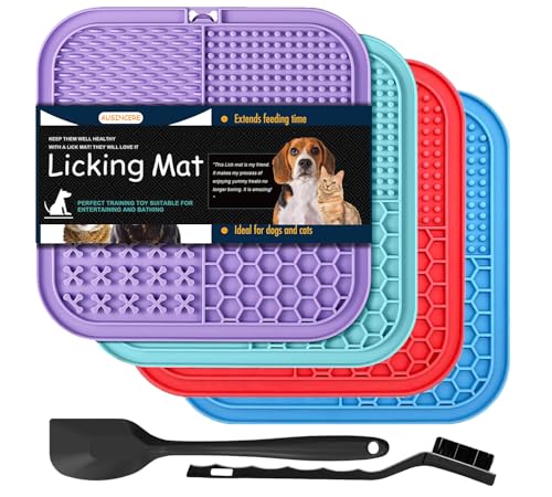 Lick Mat for Dogs Cats, 7.9" Large Licking Pad, Food Grade Silicone Slow Feeder Mat with Strong Suction Cups, Anxiety Relief Lick Pad for Bathing Grooming Training, 4 Pack - color: colourful