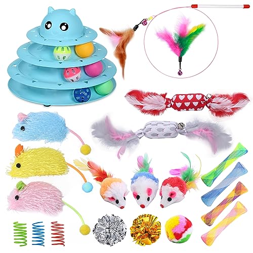 UPSKY 24 PCS Cat Toys Set with Teaser, Mice, Spring, and Various Ball Toys - color: D-Blue