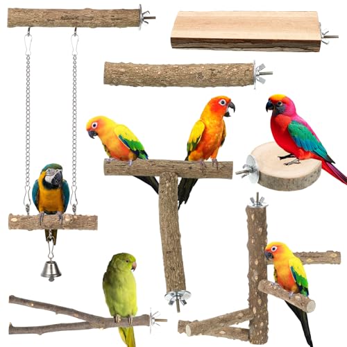 7PCS Natural Wood Bird Perch Set, Includes Paw Grinding Forks, Chewing Sticks, Exercise Branches, Hanging Multi-Branch Perch Platform, Swing Toy Rope Perches, for Medium Birds