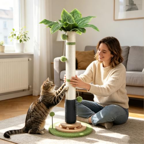 39.4'' Tall Cat Scratching Post,3.5 Inch Wide Sisal Cat Scratcher Tree with Leaves,Interactive Cat Toys for Indoor - color: green-39.4inch