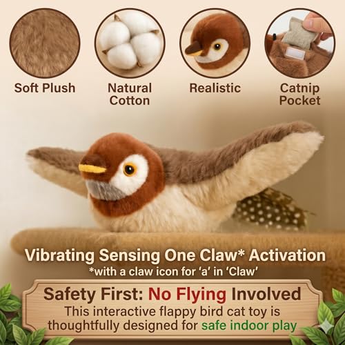 Upgraded 2.0 Flappy Bird Cat Toy – Interactive Flapping & Chirping Bird Toy for Cats (No Flying), Indoor Cat Toy for Exercise & Play, Durable Chew Toy, Catnip Toy for Kitten or Small Dogs (Large 9x3") - color: Sparrow