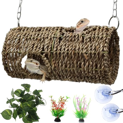 Hanging Reptile Hide Cave,Natural Seagrass Fiber Bearded Dragon Hammock Hideout,Reptile Shelter Sleeping Cave Swing Climbing Toys Terrarium Decor for Lizard Gecko Snake Hermit Crabs(Round) - size: Round:7.87*3.94*3.94"