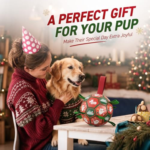 QDAN Christmas Dog Toys: Soccer Ball with Straps for Outdoor Play, Tug of War, Puppy Gifts - Durable 8-Inch Balls for Medium Large Dogs - color: Christmas 1, size: Large Size 3 (8 Inch)