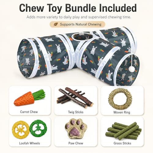 Rabbit Tunnel Toy, Collapsible 3-Way Hideout Tunnel with Chew Toys for Rabbits, Guinea Pigs, Ferrets, Kittens & Small Pets - Gray & White Bunny Carrot Design Hideout (33"x20"x9.5")