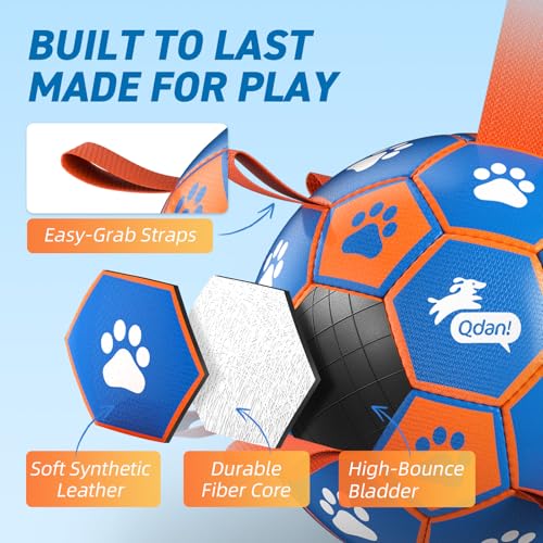QDAN Dog Ropes Toys, Soccer Ball with Straps, Tug Toy, Dog Birthday Gift - color: Blue Orange, size: Large Size 3 (8 Inch)
