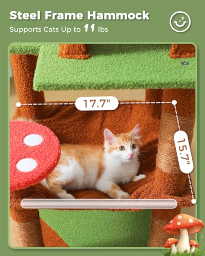 MUTTROS 45.7" Mushroom Cat Tree with Metal Hammock, 6 Tiers, Brown - color: Brown, size: 45.7in
