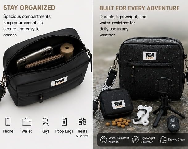 Hands-Free Dog Walking Crossbody for Training, Treat Pouch, Built-in Poop Bag Dispenser, Used Bag Hook & Bonus Tripod (Black) - color: Black