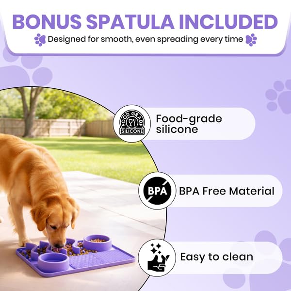 Dog Lick Mat with Strong Suction Cups, Slow Feeder for Dogs, Anxiety & Boredom Relief, Enrichment Licking Mat with Bowl & Spatula, Non-Slip Silicone, Dishwasher Safe