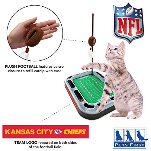 Pets First Cat Plush Toy KANSAS CITY CHIEFS FOOTBALL FIELD CAT SCRATCHER TOY with CATNIP Filled Plush FOOTBALL Toy & Feather Cat Toy hanging, Jingle Bell INTERACTIVE BALL Cat Chasing 5-in-1 KITTY Toy - color: Kansas City Chiefs, size: One Size