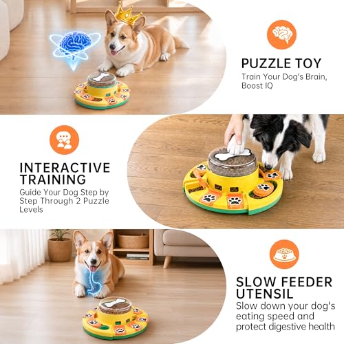 Dog Puzzle Toy 2 Levels, Slow Feeder, Pup Food Treat Feeding Dispenser for IQ Training and Entertainment for All Breeds,Green with Pattern - color: Green with Pattern