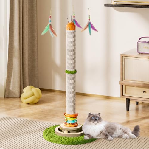 YARUOMY Tall Cat Scratching Post，40'' Cat Scratcher Tree Cat Toys for Indoor Cats with Cat Toys 4-Tier Roller Track，Automatically Rotating cat Teaser Wand，Hanging Balls for Kittens Adults Cats