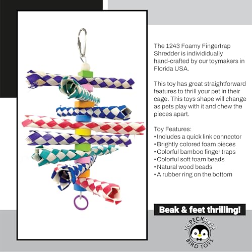 1243 Foamy Fingertrap Shredder Bird Toy - Interactive Bamboo & Foam Bead Foraging Toy for Small to Medium Parrots - Colorful Enrichment with Rubber Ring & Wood Accents - Perfect for Conures, Parakeets