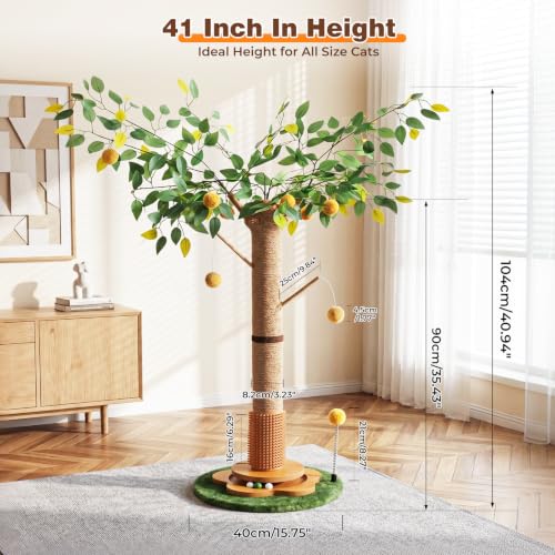 41" Tall Cat Scratching Post for Large Cats - XL Sturdy Cat Scratching Post with Solid Wood Base, Sisal Rope Scratching Posts for Indoor Cats Adults with Self-Grooming Brush, 4 Detachable Hanging Toys