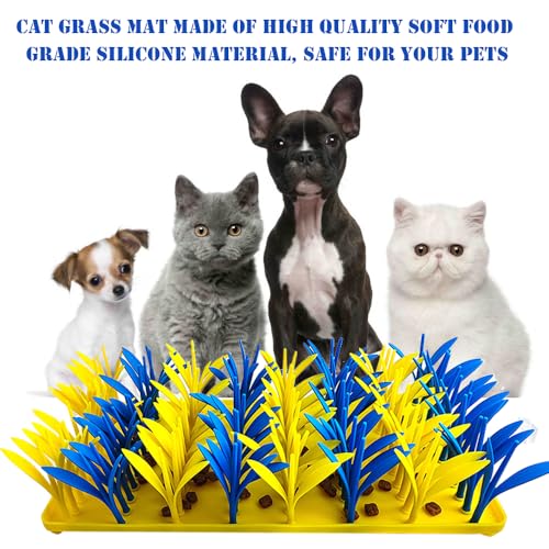 Silicone Grass Mat for Cats & Dogs, Snuffle Mat for Dogs Cats, Slow Feeder Dog Bowl, Interactive Sniff Foraging Mats for Dog Cat Pet, Nosework Training Foraging Pad- Blue & Yellow2