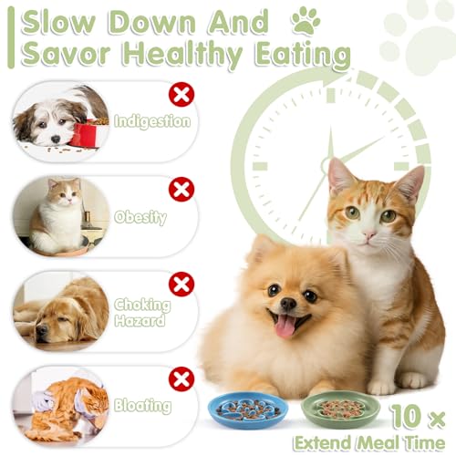 Cat Slow Feeder Bowl Set,2 Pcs Pastel Series Cat Plate for Dry and Wet Food - color: Blue and Green-A