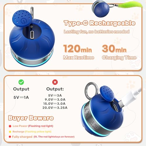 Interactive Cat Toy Ball Automatic Interactive Cat Toys for Indoor Cats with Birdsong 3 Tails 3 Modes Newly Upgraded Speedy 2.0 Tail Cat Toys for Kitten/Small/Medium/Large Cats to Keep Them Busy(Blue) - color: C01-Blue