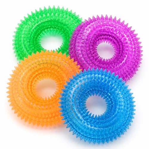 Dog Chew Toys for Aggressive Chewers, Squeaky Floating Donut Rings, 4 Pack - color: 4 Colors