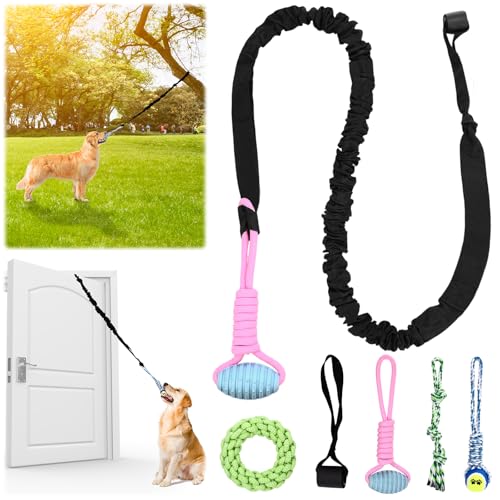 Hiboom 6 Pcs Interactive Dog Tug of War Toy Set Hanging from Tree and 4 Chew Ropes Teething Rope for Teeth Cleaning Dog Bungee Toy for Small/Medium Dogs with Aggressive Chewing Habit, Dogs Supplies