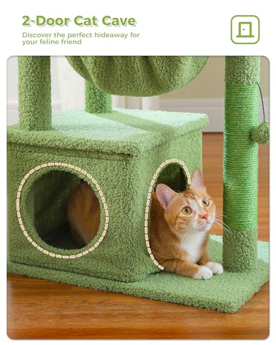 MUTTROS Cactus Cat Tree, 47.6" Cat Tower with 2 Metal Frame Hammock, Cat Scratching Post for Indoor Cats with 2 Removable Pompom Sticks for Kittens, Green - color: Cactus Green, size: 47.6"