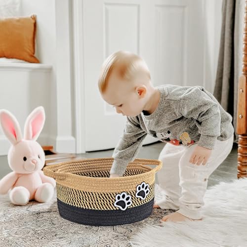 Small Woven Cotton Rope Nursery Organizer Bins, Dog Toy Basket Bins with Handle, Cute Empty Pet Gift Storage Baskets with Paw - color: Khaki-Black