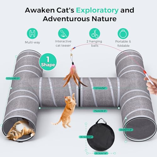 PETOCAT Cat Tunnel 4 Way with Teaser Wand & 2 Plush Ball, 5 Shapes Available, 54/80.7" L, H-Shaped Collapsible Pet Play Tube Maze for Kitten Puppy Bunny Ferret Rabbit, Indoor/Outdoor Peekaboo Cave - size: L-H-Shape