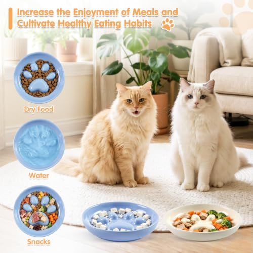 Cat Slow Feeder Bowl Set,2 Pcs Pastel Series Cat Plate for Dry and Wet Food - color: Cat's Paw-A