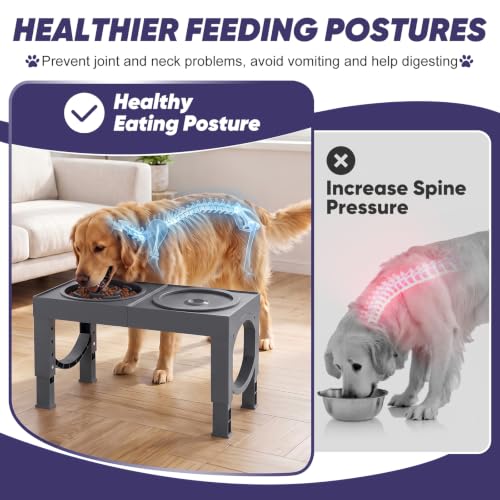 XIAZ Elevated Dog Bowls Large Breed Raised Dogs Bowl Stand Large/Medium Sized Dog Slow Feeder Dogs Bowls Food Water Stands 5 Heights Adjustable 9/11/12/14in Pet Feeder Dish Station - color: D-Grey