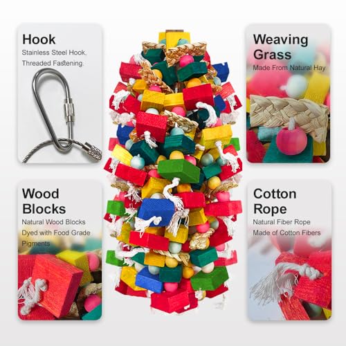 Extra Large Bird Toys for Macaws Cockatoos Amazons Chew - Natural Wood Parrot Chewing Toy with Foraging, Bird Cage Activity Center - color: Colorful Wooden Blocks