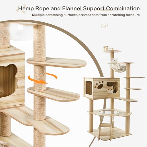 EUREKA ERGONOMIC Cat Tree Large 52 Inch, Wooden Cat Tower Multi-Level Cat Tree Tower for Indoor Cats Large Adult with Scratching Post, House, Pompoms, Cat Stand with Scratch Pad (Yellow) - size: CT02