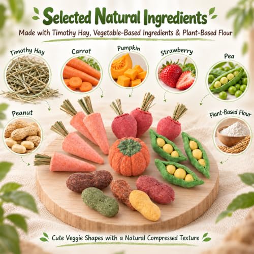 HERCOCCI 15Pcs Guinea Pig Chew Toys, Hamster Toys Prevent Excessive Teeth Growth Natural Vegetables Carrot & Timothy Grass for Guinea Pig Rabbit Chinchillas Gerbil