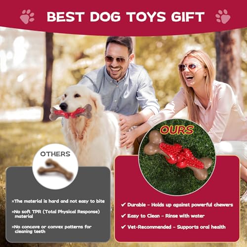 Durable Dog Chew Toys for Large Dogs - Tough Bone-Shaped Dental Chew with TPR Rubber & Wood Fiber, Teething & Aggressive Chewer Toys for Medium/Large Breed, Long-Lasting Teeth Cleaning 2 Pack set - color: Red&Green-2 Pack Set