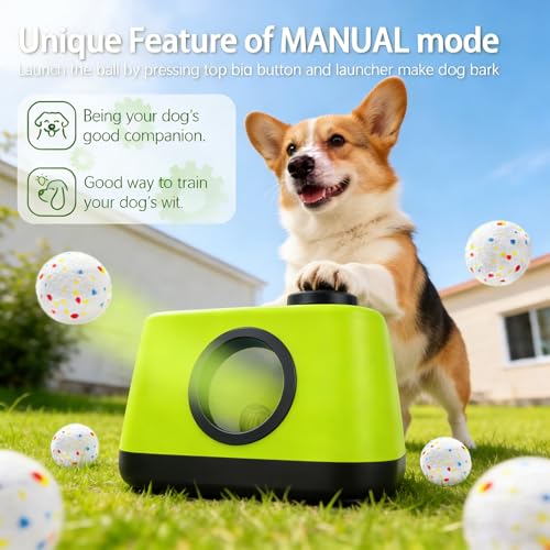 Automatic Dog Ball Launcher: Upgraded Auto/Manual Pet Ball Thrower Toy for Dog Indoor/Outdoor Play Include 4 Chew-Resistant Balls - Home,Park,Yard Dog Self Play Companion
