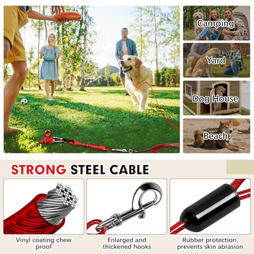 Snagle Paw Dog Tie Out Cable and Stake with Lock-Cap,Heavy Duty 30FT Dog Yard Leash & Stake with Shock Absorbing Bungee Tether,Rust Proof Ground Anchor for Yard, Beach, Camping & Outdoor,up to 360 Lbs - color: Red, 17in Stake (30ft Cable)