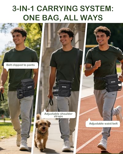 Dog Training Treat Pouch with Waist Belt & Shoulder Strap - Adjustable 3-Way Wear Waterproof Dog Walking Bag - Multi-Pocket Fanny Pack for Treats, Poop Bags & Accessories