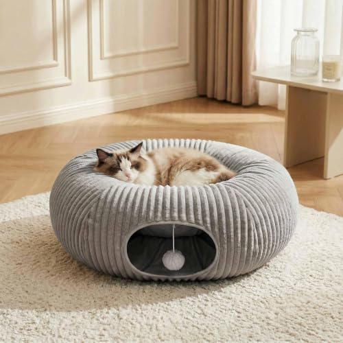 Cat Tunnel Bed for Indoor Cats, Peekaboo Cat Cave Bed, Grey - color: Grey