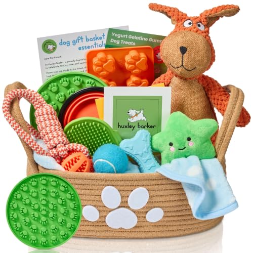 Deluxe New Puppy & Dog Gift Basket for Puppies, Adopted Dogs & Small Family Dogs - Dog Lick Mat, Chew Toys, Squeaky Toys, Toy Box, Treat Mold, Pet Blanket - Essential Pet Supplies